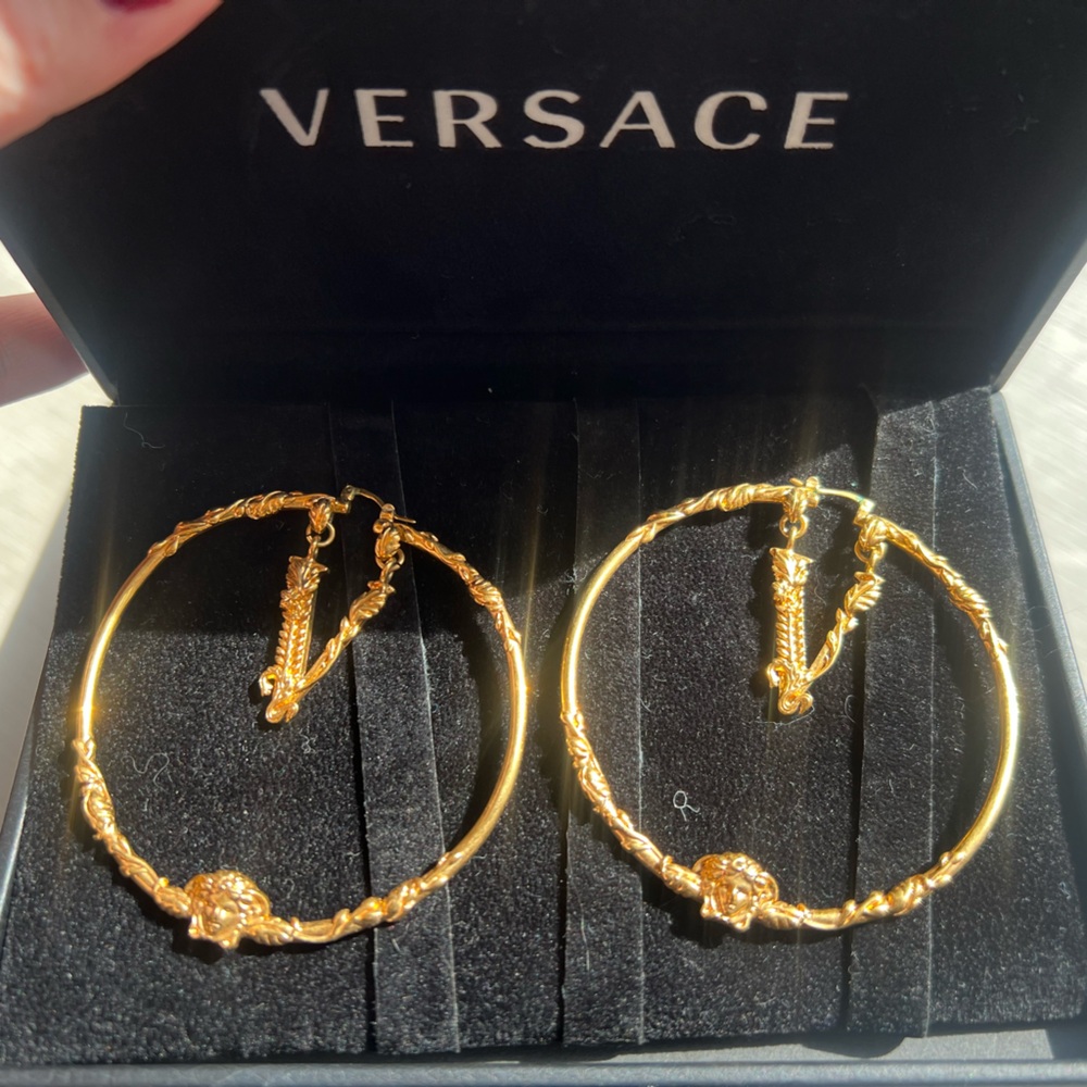 Versace V Logo Gold Hoop Earrings